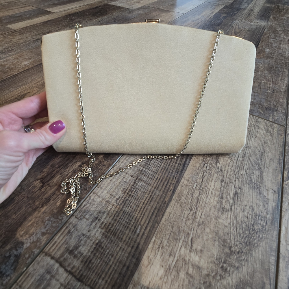 Vintage Ideal Elegant Cream Clutch with Gold Chain Purse. Gold Trim.